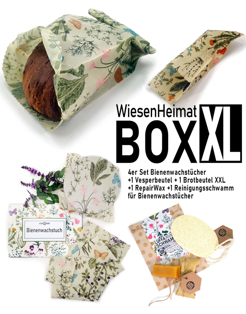 WiesenHeimat BOX EIne Geschenkbox mit Bienenwachtuch Produkten mit Inhaltsübersicht